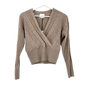 Pink Rose Cropped Faux Wrap Sweater Juniors Size M Iced Mocha Cable Knit L/S NWT